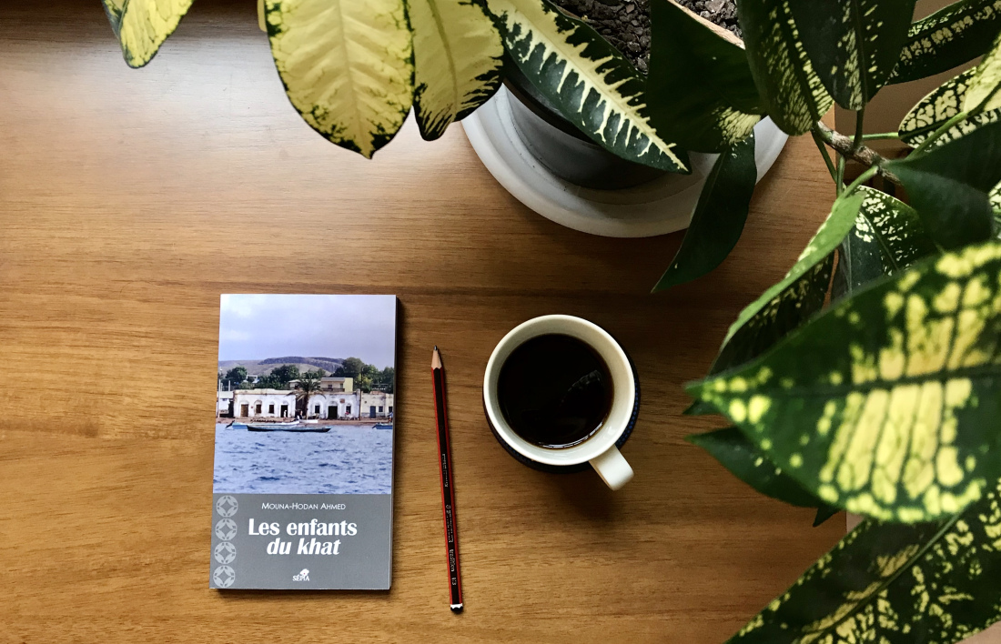 Town beside water on book cover, sat on desk next to coffee, pencil and plant