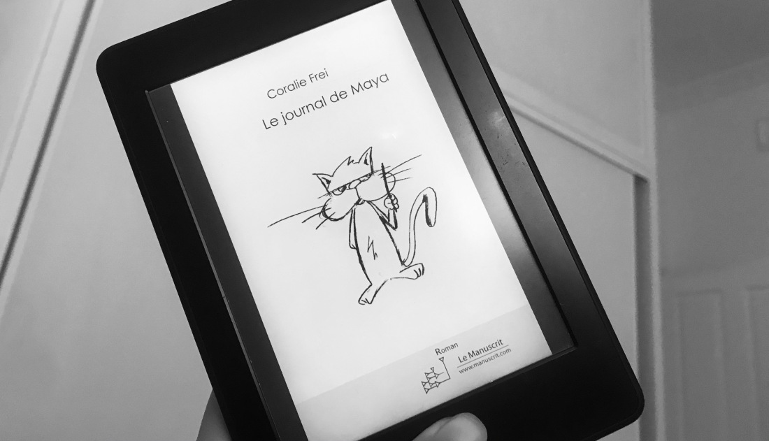 cat on cover of kindle, black and white