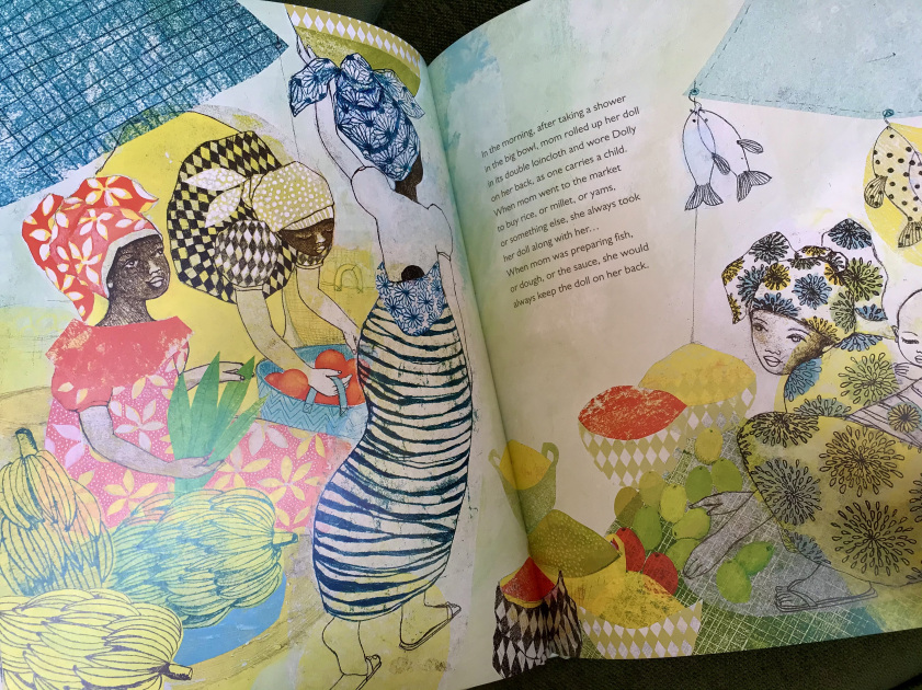 illustrations of women in a marketplace with many fruits and stunning patterns